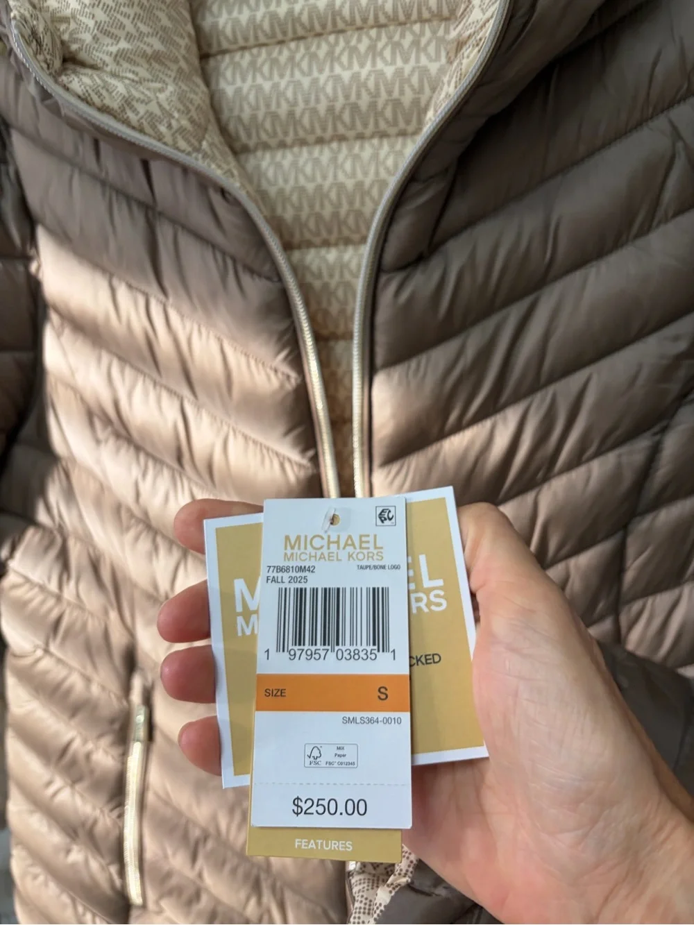 Michael Kors Quilted Hooded Puffer Jacket in Taupe